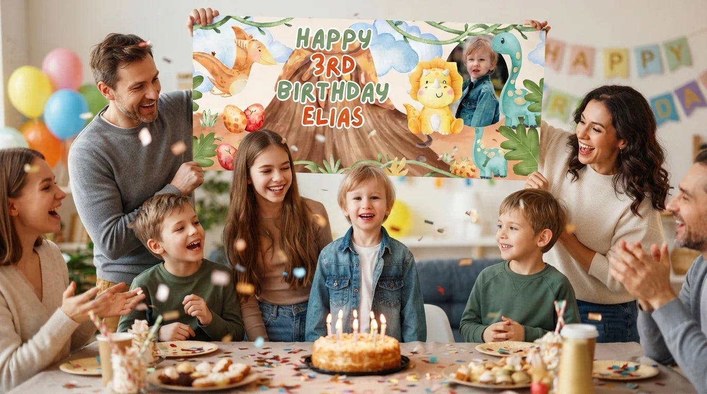 Friends and family celebrating with the personalised Dino Island Birthday Party Banner