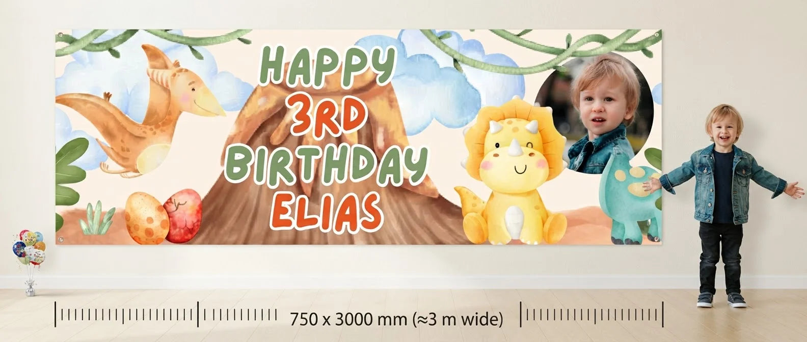 Person standing beside the Dino Island Birthday Party Banner for scale, with size guide showing 750 x 3000 mm