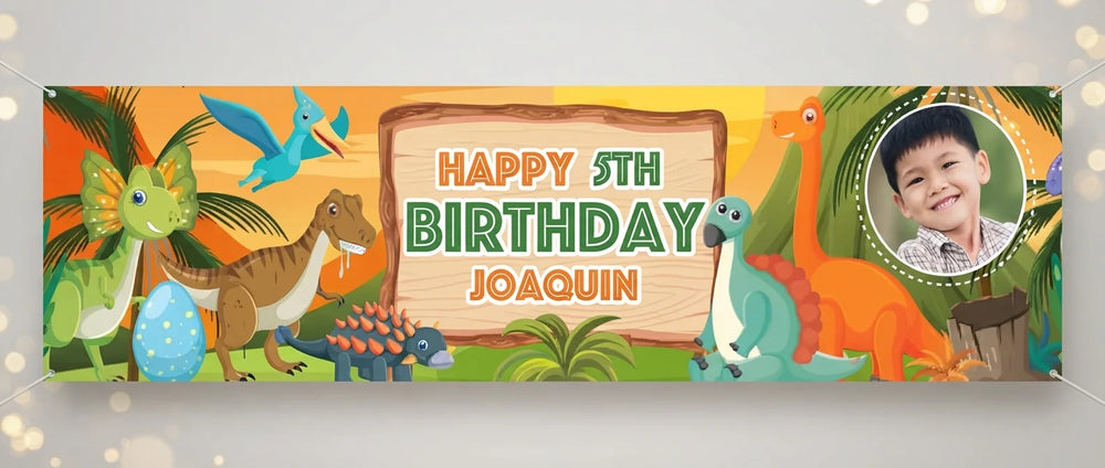Personalised Dinosaurs Birthday Banner displayed against a plain studio background