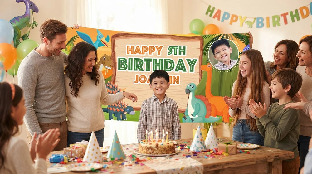 Friends and family celebrating with the personalised Dinosaurs Birthday Banner