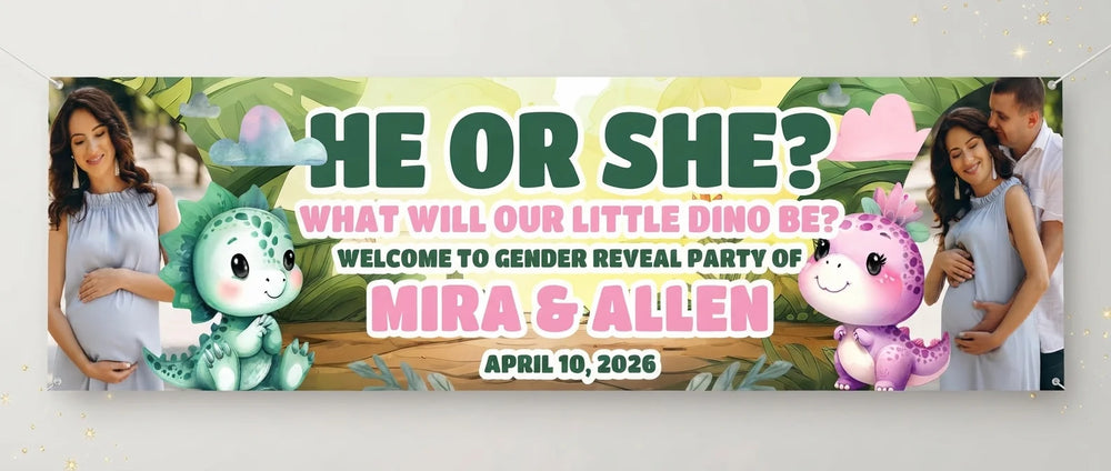 Personalised Dinosaurs Gender Reveal Party Banner displayed against a plain studio background