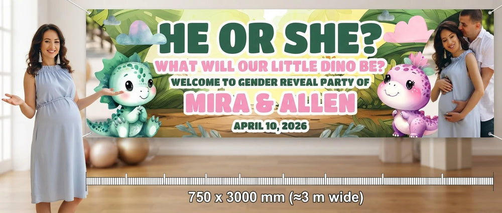 Person standing beside the Dinosaurs Gender Reveal Party Banner for scale, with size guide showing 750 x 3000 mm