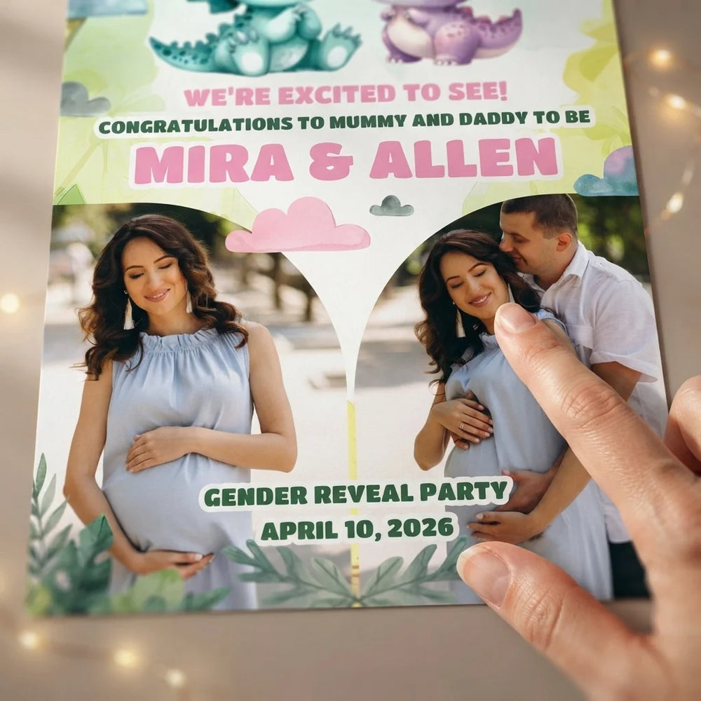 Close-up of the personalised name and photo printed on the Dinosaurs Gender Reveal Party Mega Card