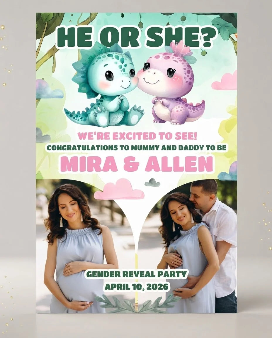 Personalised Dinosaurs Gender Reveal Party Mega Card displayed against a plain studio background