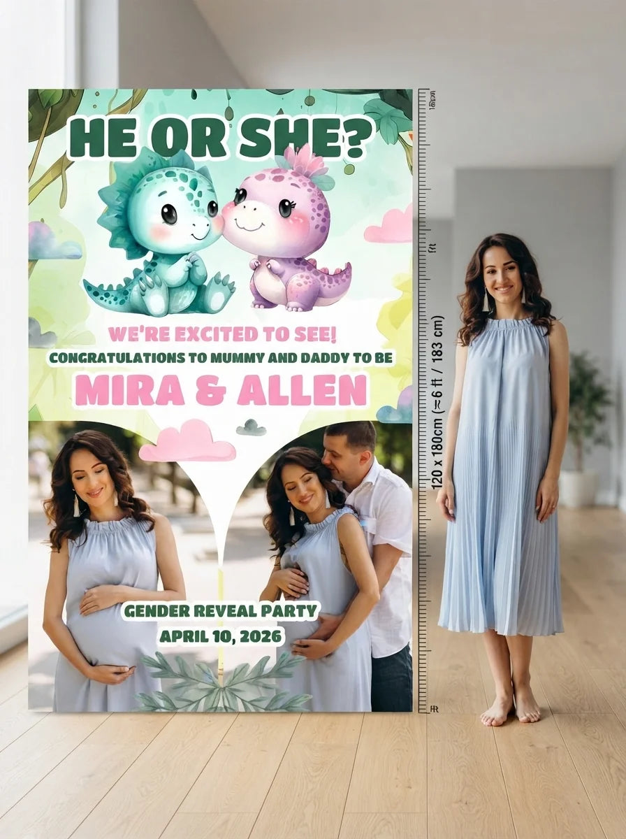 Person standing beside the Dinosaurs Gender Reveal Party Mega Card for scale in a size guide