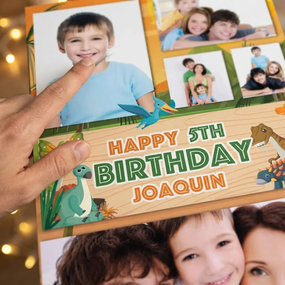 Close-up of the personalised name and photo printed on the Dinosaurs Mega Card