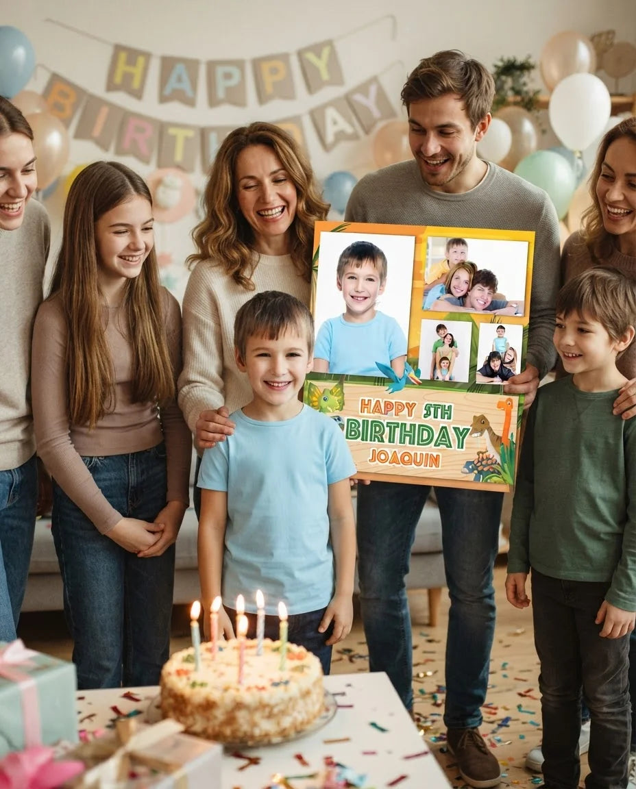 Friends and family celebrating with the personalised Dinosaurs Mega Card