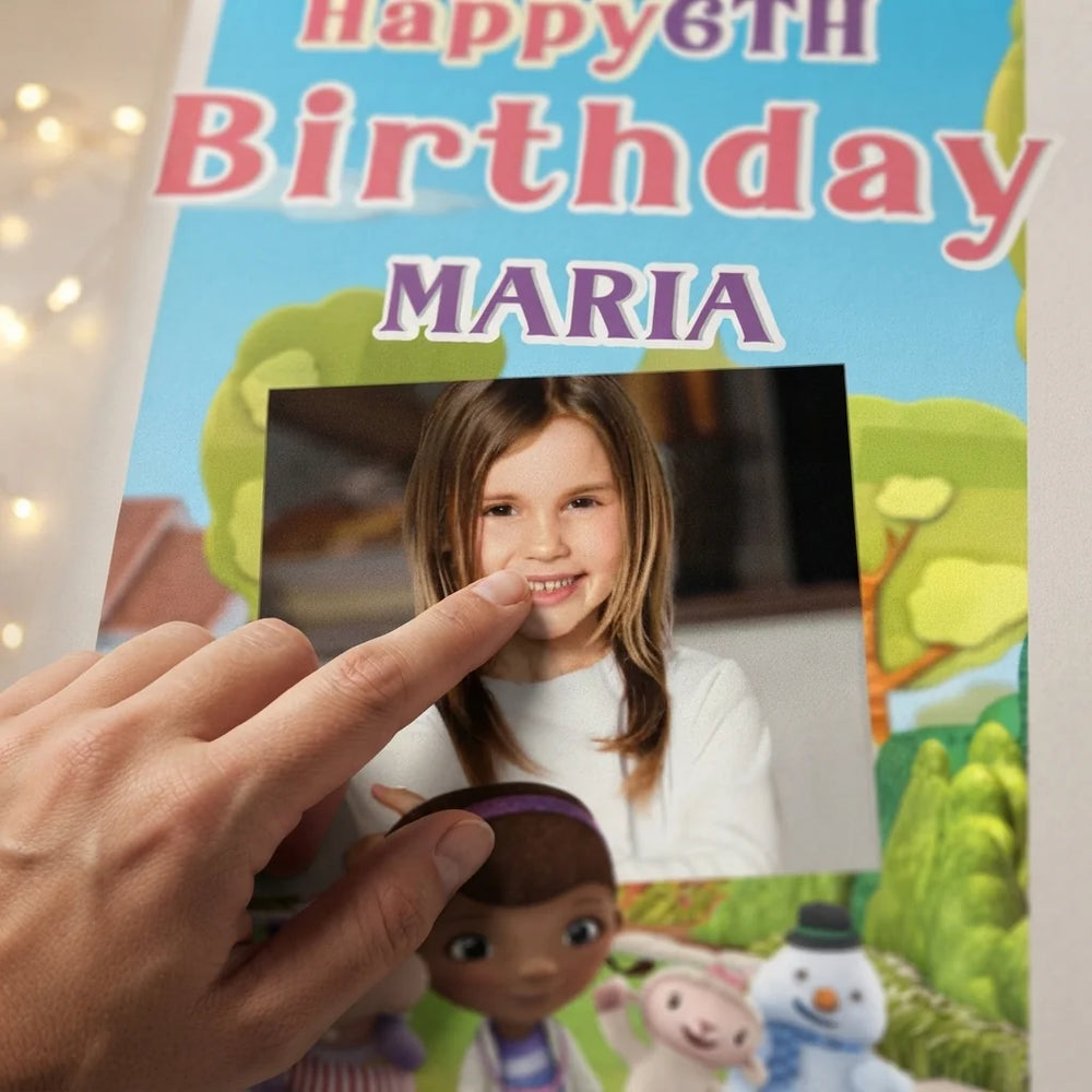 Close-up of the personalised name and photo printed on the Doc McStuffin Mega Card