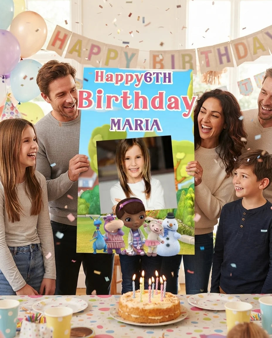 Friends and family celebrating with the personalised Doc McStuffin Mega Card