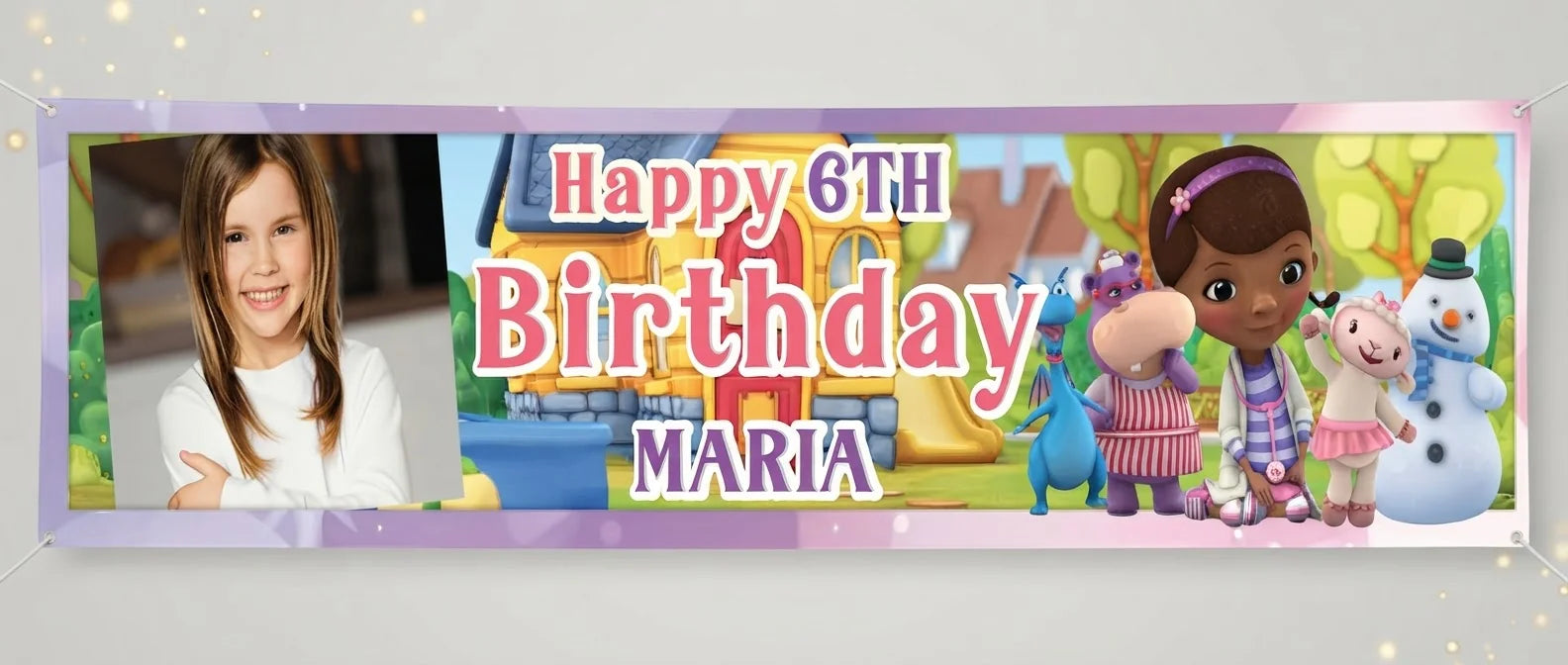 Personalised Doc McStuffins Birthday Banner displayed against a plain studio background