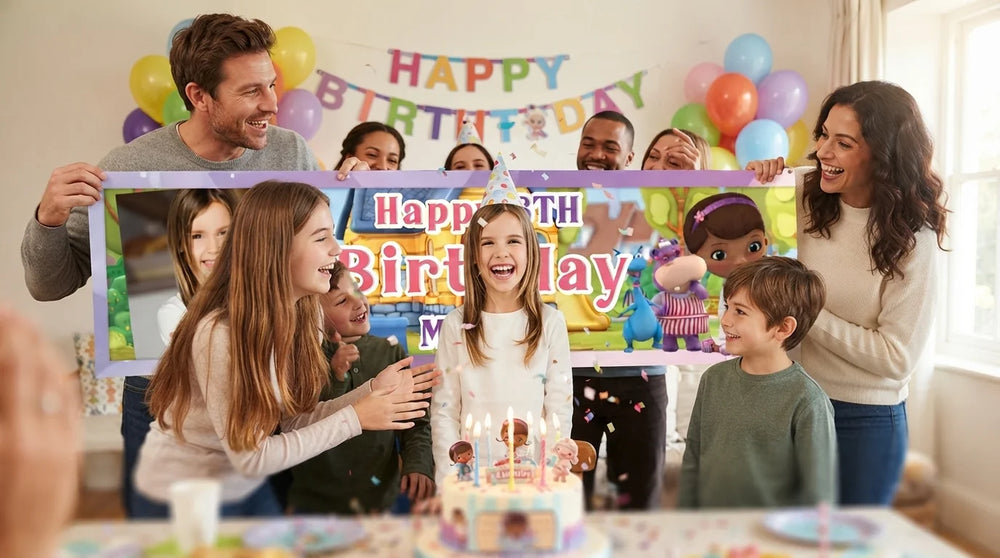 Friends and family celebrating with the personalised Doc McStuffins Birthday Banner