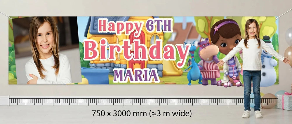 Person standing beside the Doc McStuffins Birthday Banner for scale, with size guide showing 750 x 3000 mm