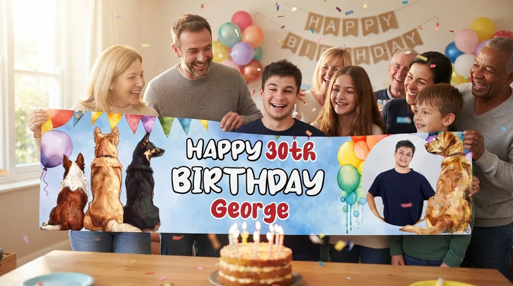 Friends and family celebrating with the personalised Dog Lover Birthday Party Banner