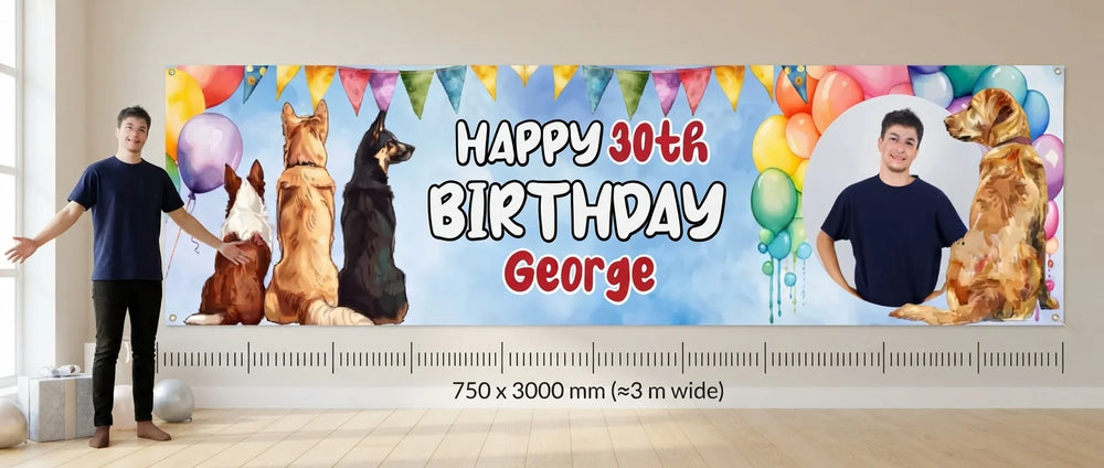 Person standing beside the Dog Lover Birthday Party Banner for scale, with size guide showing 750 x 3000 mm
