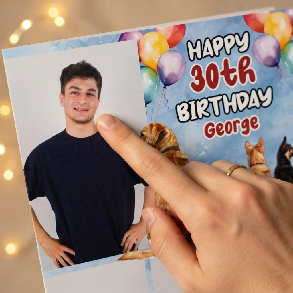 Close-up of the personalised name and photo printed on the Dog Lover Birthday Party Mega Card