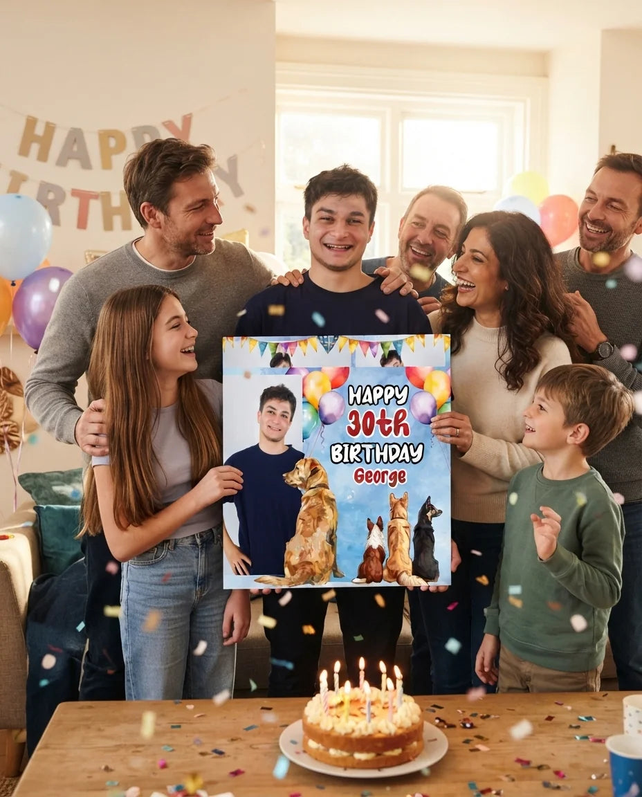 Friends and family celebrating with the personalised Dog Lover Birthday Party Mega Card