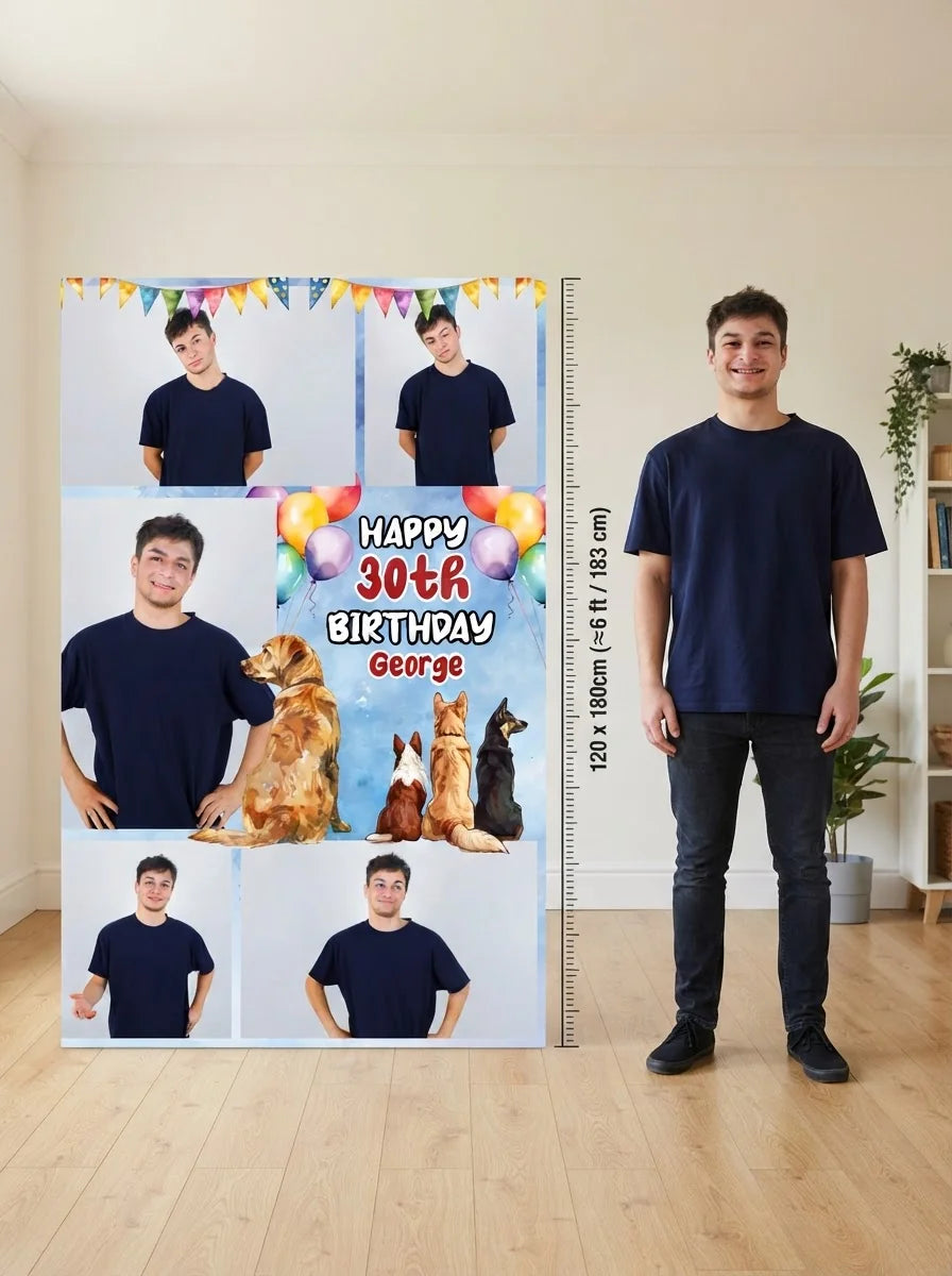 Person standing beside the Dog Lover Birthday Party Mega Card for scale in a size guide