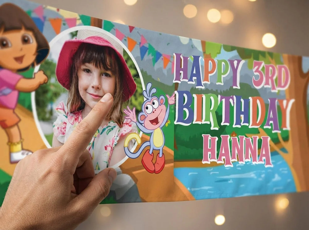 Close-up of the personalised name and photo printed on the Dora The Explorer Birthday Banner