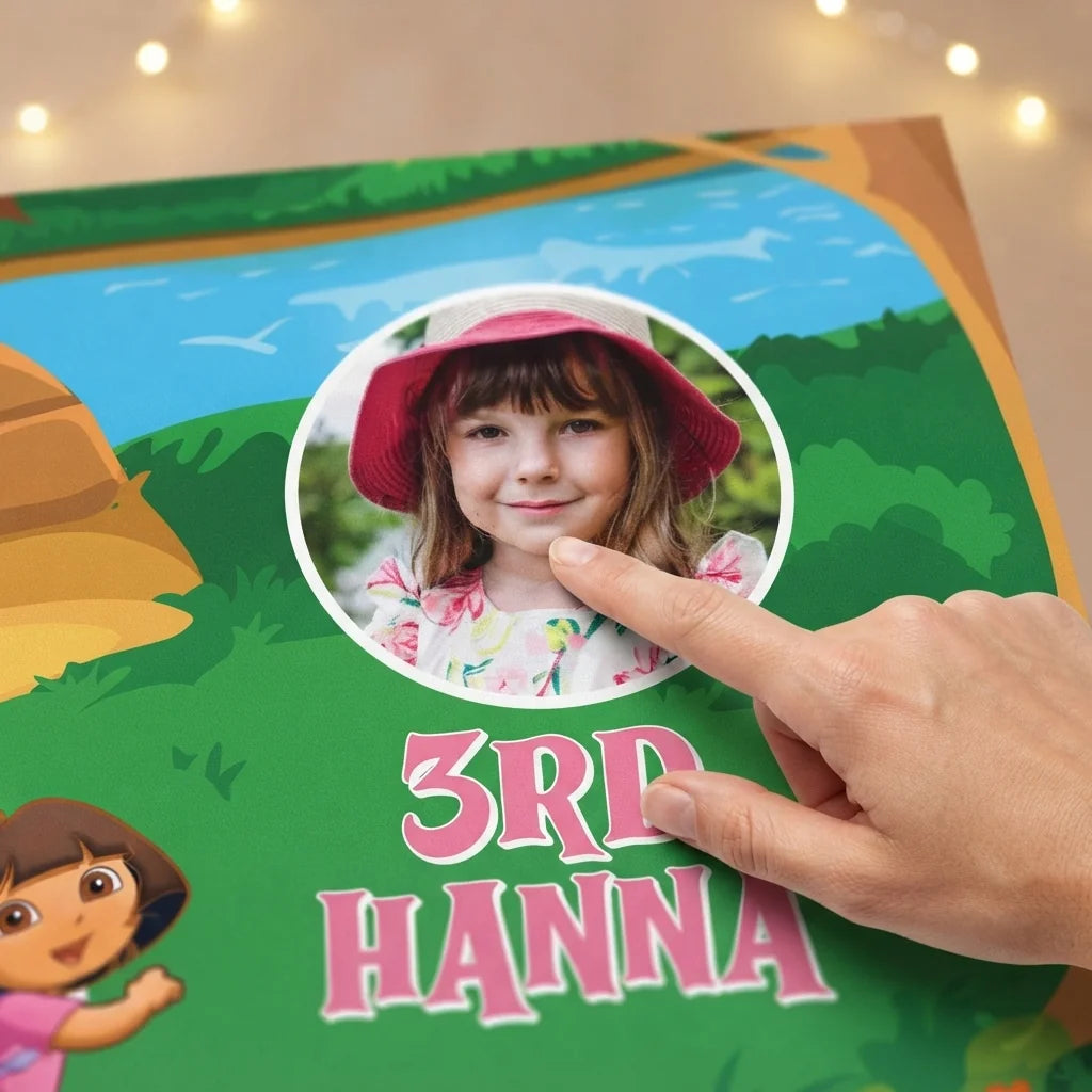 Close-up of the personalised name and photo printed on the Dora The Explorer Mega Card