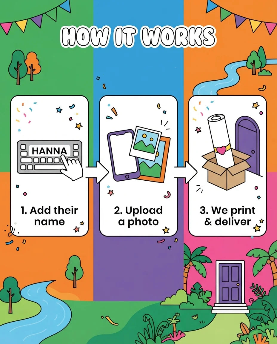 How it works: add a name, upload a photo, and we print and deliver the Dora The Explorer Mega Card