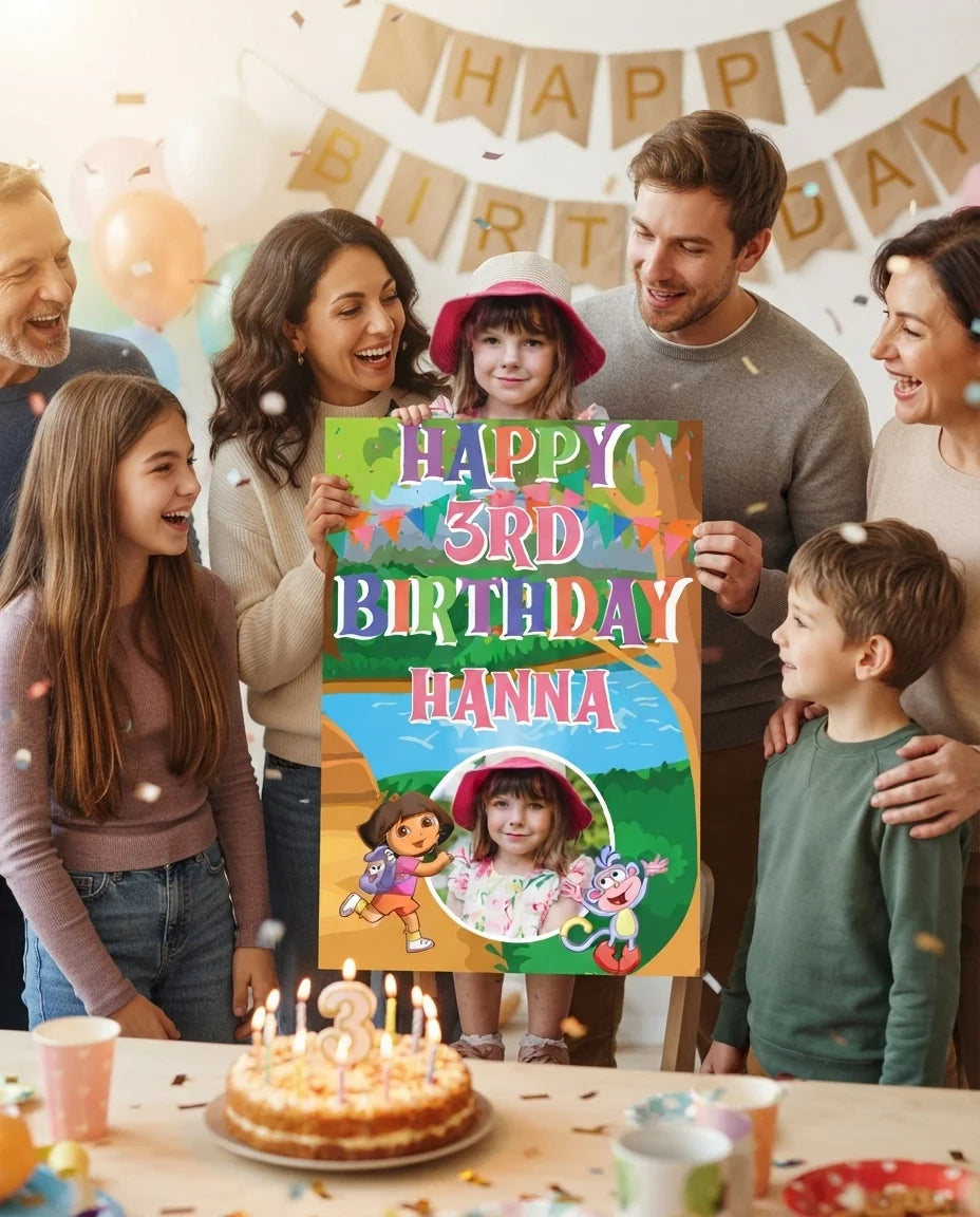 Friends and family celebrating with the personalised Dora The Explorer Mega Card