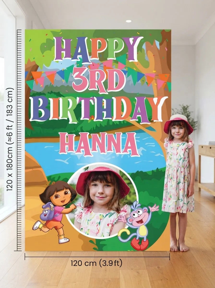 Person standing beside the Dora The Explorer Mega Card for scale in a size guide
