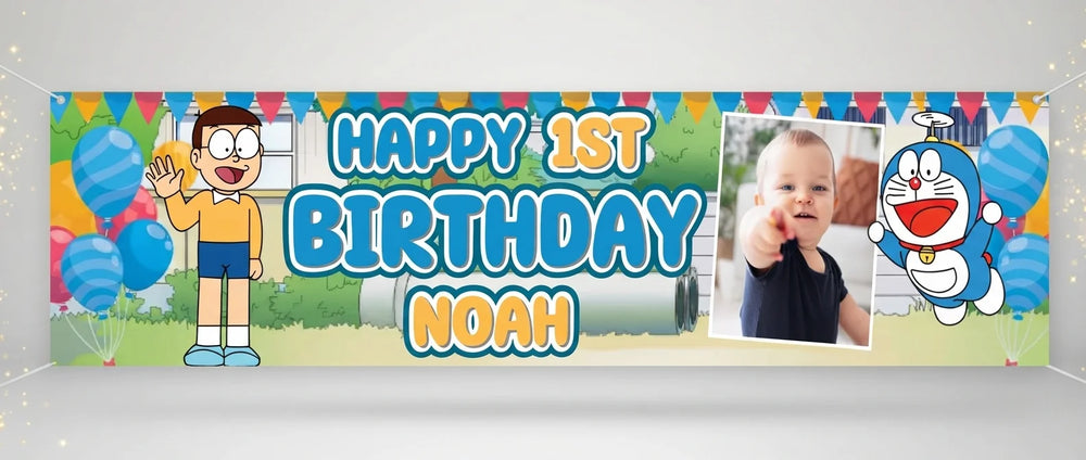Personalised Doraemon Birthday Banner displayed against a plain studio background