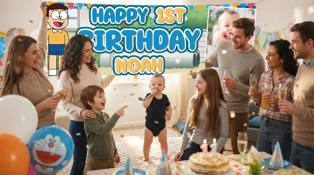 Friends and family celebrating with the personalised Doraemon Birthday Banner
