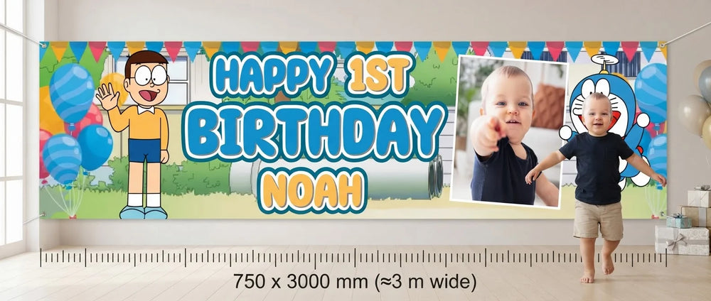 Person standing beside the Doraemon Birthday Banner for scale, with size guide showing 750 x 3000 mm