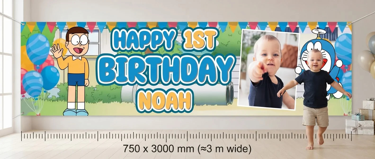 Person standing beside the Doraemon Birthday Banner for scale, with size guide showing 750 x 3000 mm