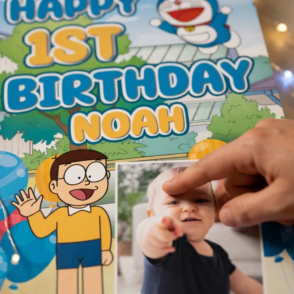 Close-up of the personalised name and photo printed on the Doraemon Mega Card