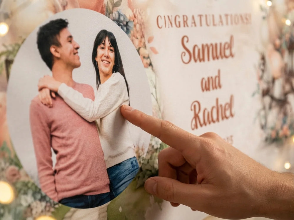 Close-up of the personalised name and photo printed on the Dreamy Theme Wedding Banner