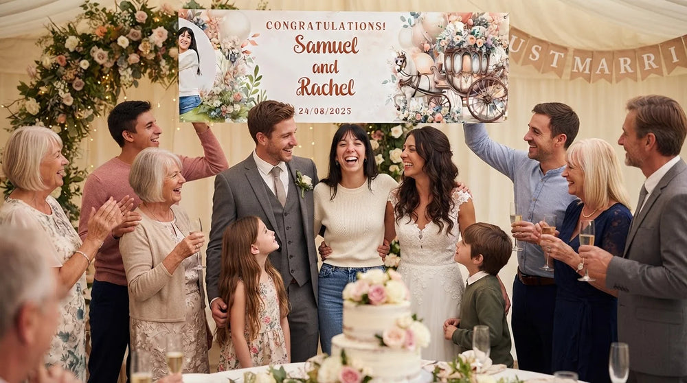 Friends and family celebrating with the personalised Dreamy Theme Wedding Banner