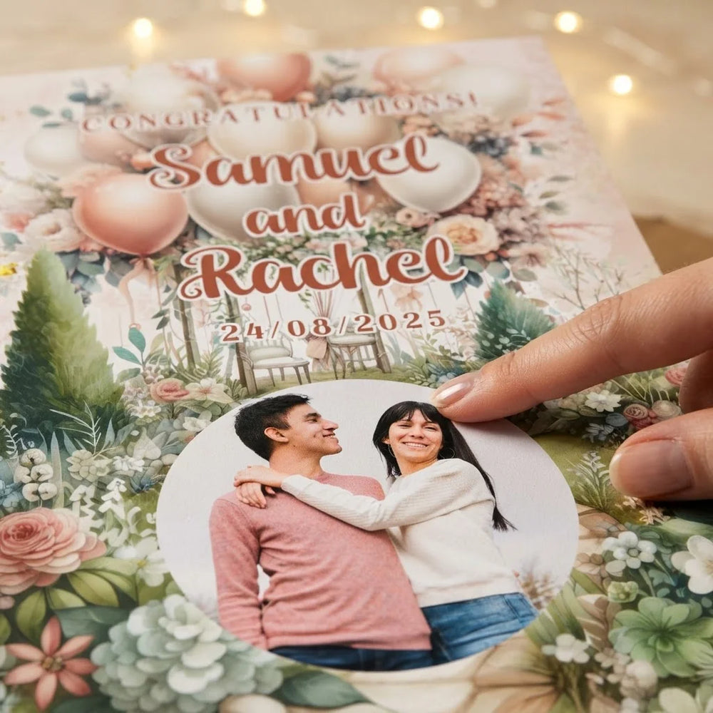 Close-up of the personalised name and photo printed on the Dreamy Theme Wedding Mega Card