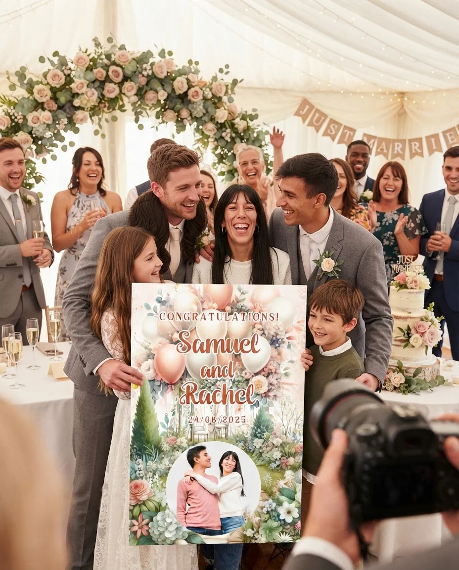 Friends and family celebrating with the personalised Dreamy Theme Wedding Mega Card