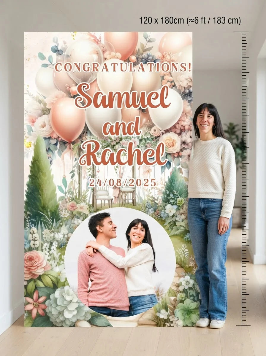 Person standing beside the Dreamy Theme Wedding Mega Card for scale in a size guide