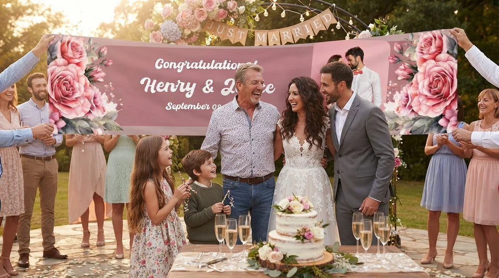 Friends and family celebrating with the personalised Elegant Dusty Pink Theme Wedding Banner