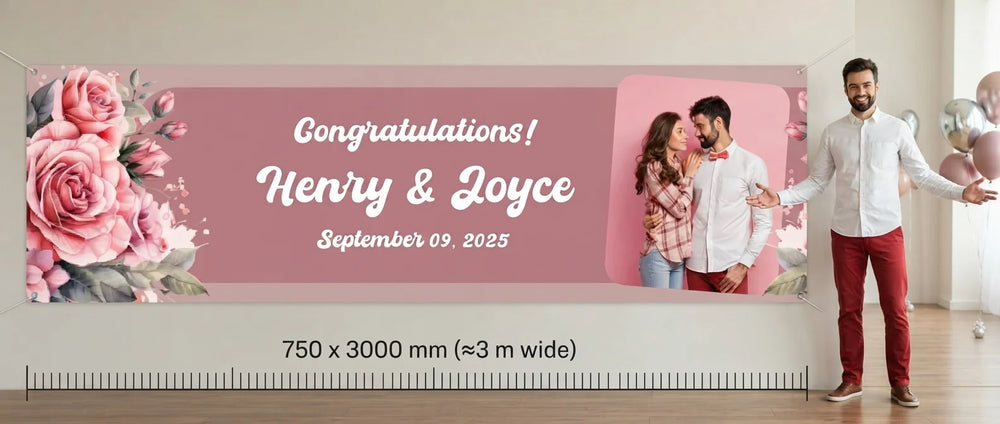 Person standing beside the Elegant Dusty Pink Theme Wedding Banner for scale, with size guide showing 750 x 3000 mm