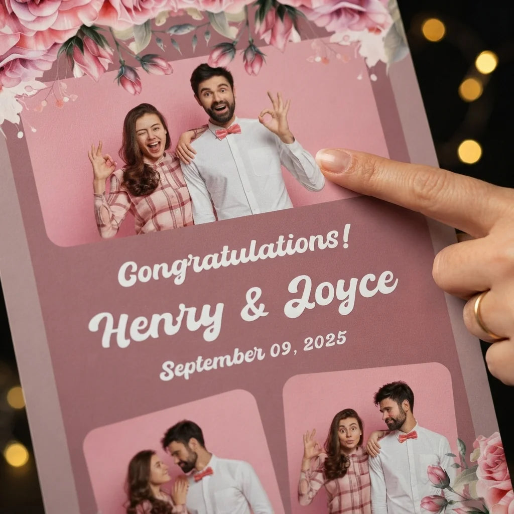 Close-up of the personalised name and photo printed on the Elegant Dusty Pink Theme Wedding Mega Card