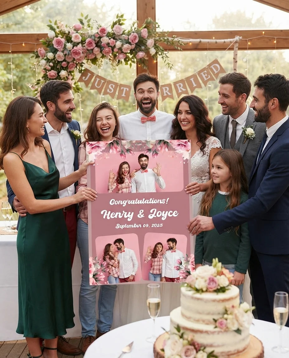 Friends and family celebrating with the personalised Elegant Dusty Pink Theme Wedding Mega Card