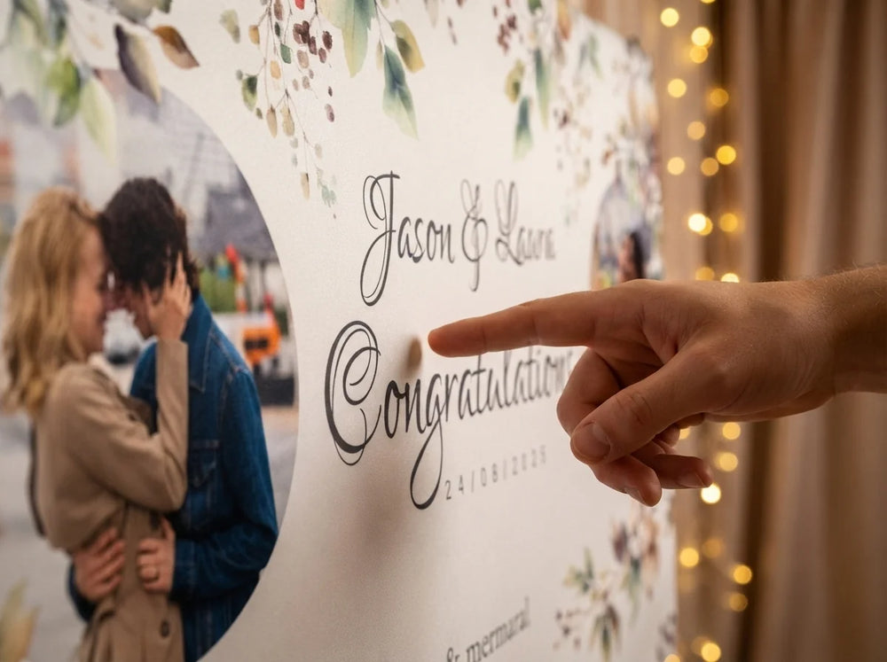 Close-up of the personalised name and photo printed on the Fall Foliage Theme Wedding Banner