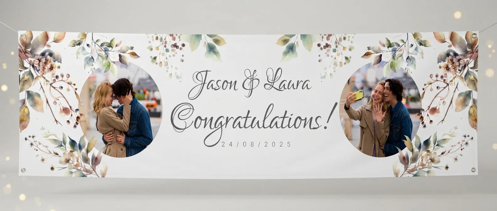 Personalised Fall Foliage Theme Wedding Banner displayed against a plain studio background