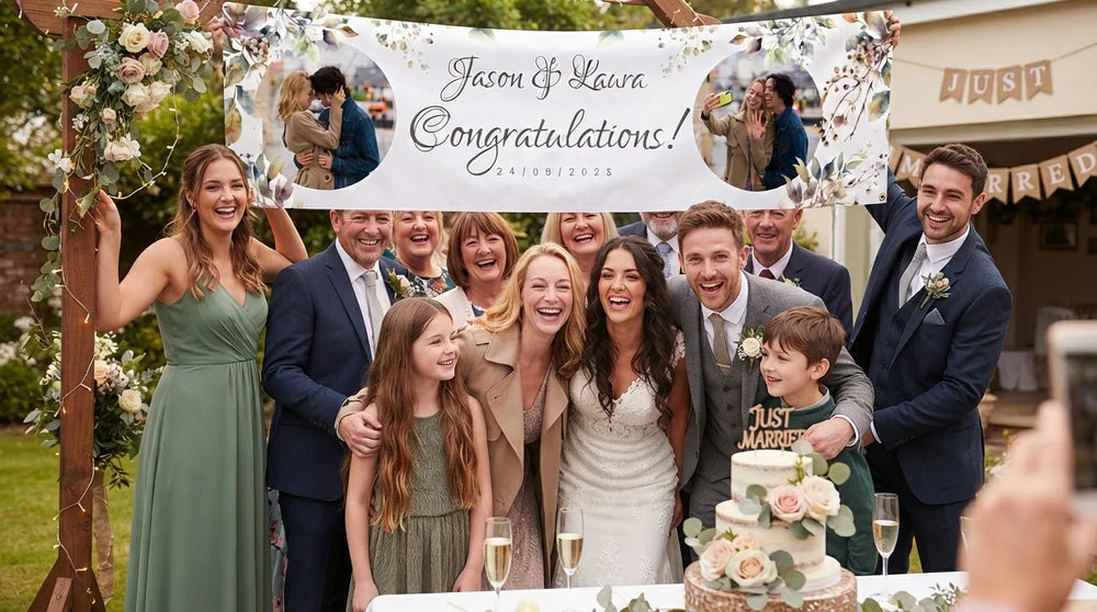Friends and family celebrating with the personalised Fall Foliage Theme Wedding Banner