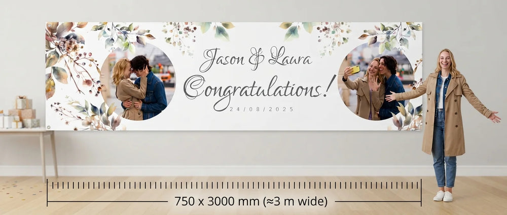 Person standing beside the Fall Foliage Theme Wedding Banner for scale, with size guide showing 750 x 3000 mm
