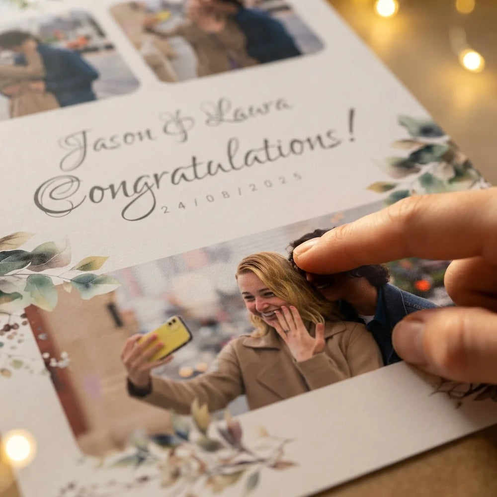 Close-up of the personalised name and photo printed on the Fall Foliage Theme Wedding Mega Card