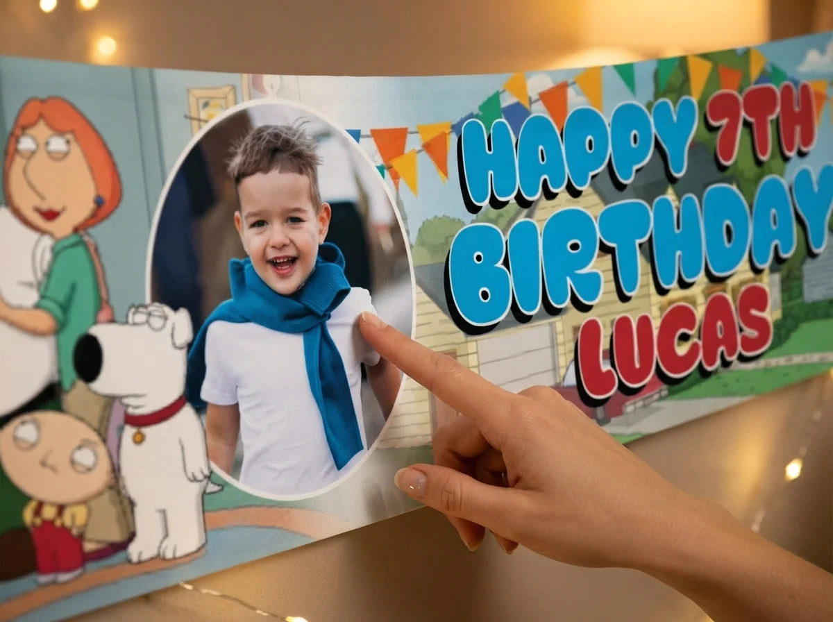 Close-up of the personalised name and photo printed on the Family Guy Birthday Banner