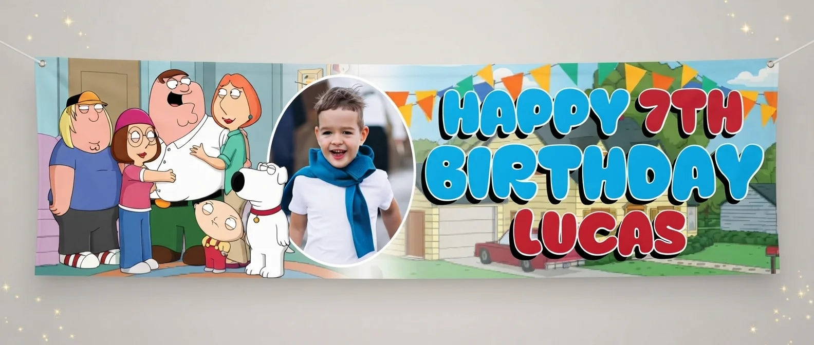 Personalised Family Guy Birthday Banner displayed against a plain studio background