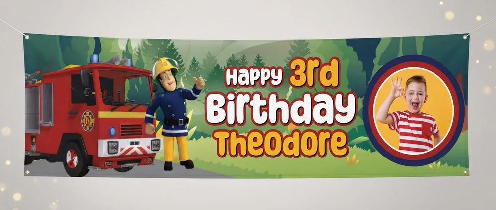 Personalised Fireman Sam Birthday Banner displayed against a plain studio background