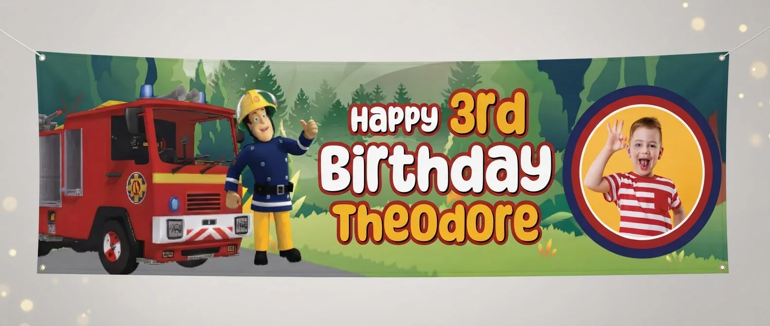Personalised Fireman Sam Birthday Banner displayed against a plain studio background