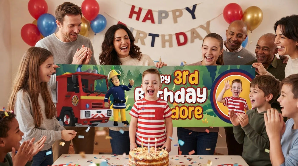 Friends and family celebrating with the personalised Fireman Sam Birthday Banner